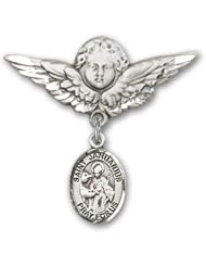 Sterling Silver Baby Badge with St. Januarius Charm and Angel with Wings Badge Pin