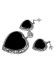 BLACK ONYX EXTRA LARGE HEART Sterling Silver Rim Earrings & Pendant Jewelry Se