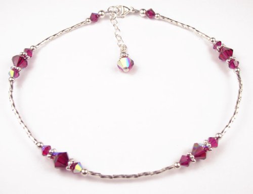 Ruby - July - Birthstone Sterling Silver Ankle Bracelets:Swarovski Crystal Adjustable Beaded Anklets. Handmade Jewelry