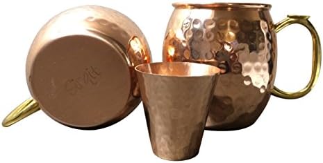 Set of 2 Premium Hammered Copper Mugs with Hammered Shot Glass - Two 16 Oz Moscow Mule Barrel Mugs with Thumbrest - Pure Copper Drinkware with No Inner Lining - Cocktail Recipes Included