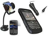 iTALKonline FuZion (Twin Protection) DURS GRISES Back Case/Cover & NOIRE Peau de silicone / gel, écran LCD / Scratch Protector avec tissu de nettoyage en microfibre, 12/24 dans le chargeur de voiture, dans le support voiture ventouse pour le mont BlackBerry 9700 Bold, 9780 Onyx