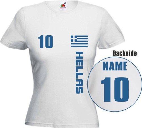 HELLAS EM T-SHIRT – Für die Frau – GRIECHENLAND FUSSBALL EURO FAN SHIRT Trikot Look | Name + Nummer | Weiß