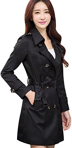 TLZC Women's Double Breasted Belt Designer Thin Long Pea Coats US Size XL Black