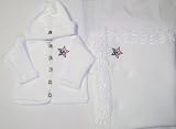 Knitted on Hand Knitting Machine White Chenille Finished By Hand Crochet Infant Boys and Girls Cardigan Hat Set Trimmed with Star American Flag and Matching Large 32 Inch By 46 Inch Blanket