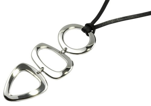 Fossil Womens Black Leather Cord Necklace With Cut Out Stainless Steel Pendant