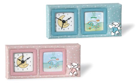 Beautiful Children's CLOCK and PICTURE FRAME Combination with Sterling Silver BEAR Appliqué. Made in ITALY (Blue)