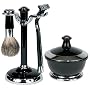 Black & Chrome Premium 4 Piece Shave Set with Natural Bristle Brush, Gillette Mach III Razor with Blade, Bowl, Stand and Shave Soap