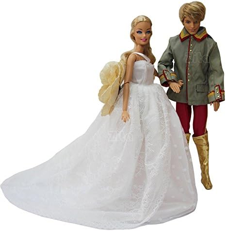 ZITA White Princess Wedding Long Dress Gown + Flora &amp; KEN'S Marrage Gown Suit fit for Barbie Doll Handmade Dress Costume
