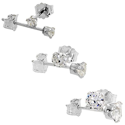 3 Pair Set Cubic Zirconia Earrings Studs Cartilage 2, 3 and 4mm in Sterling Silver & 14k Gold