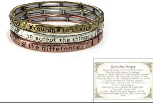 Silver-tone Serenity Prayer Theme Inspirational 3-Layer Stretch Carded Tri-color Bracelet W/Gift Box