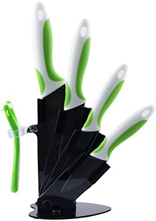 MYVIT Ceramic Knives Black Blade with Sheaths 5 Pieces with Color Handle 3 Inch 4 Inch 5 Inch 6 Inch Ceramic Knife and Peeler and Holder (Green &amp; White)