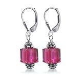 Fuschia Swarovski Cube Crystal Sterling Silver Leverback 1.5 Long Dangle Earrings