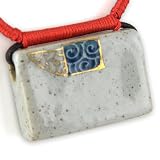 Painted Blue Swirl With Fine Gold Detail - Cherry Red Woven Accents - Gray Musk Hand Made Ceramic Block Pendant - Dark Brown Adjustable Necklace