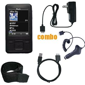 6 Piece Value Combo Accessory Bundle Kit: Black Silicone Skin Case Cover + Car Charger + Travel Charger + USB Data Sync Cable + Armband + Belt Clip for Sony Walkman A726/A728/A729 Series MP3 Player