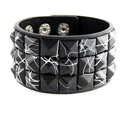 Black Line Checkered Studded Black Leather Bracelet
