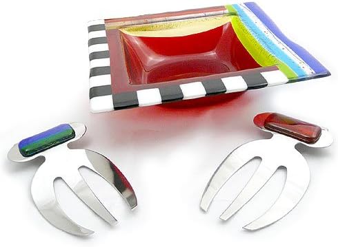 Rainbow Fused Glass Salad Serving Set, 11" Bowl with Stainless-Steel Salad Servers
