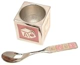 Silver plated egg cup and spoon set with pink enamel detailing - ideal Christening gift