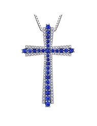 18K White Gold Pave Setting Round Diamond And Blue Sapphire Cross Pendant With 925 Sterling Silver Chain (16") (0.50 cttw + 0.25 cttw, G-H Color, VS2-SI1 Clarity)