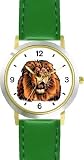 Lion (Male) Cat - WATCHBUDDY&reg; DELUXE TWO-TONE THEME WATCH - Arabic Numbers - Green Leather Strap-Size-Large ( Men's Size or Jumbo Women's Size )