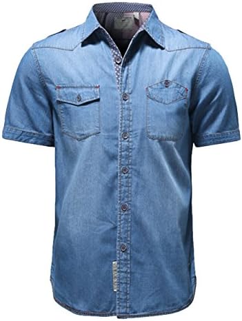Fashionback Men's Stylish Backless Solid Lapel Short Sleeve Jeans Tee Shirt Blue US M chest:39.4"