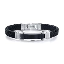 Flawless Style: Stainless Steel ID-style Bracelet with Braided Leather Strap for Men