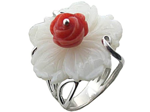 White Mother of Pearl Flower with Coral Bud Ring, 925 Silver