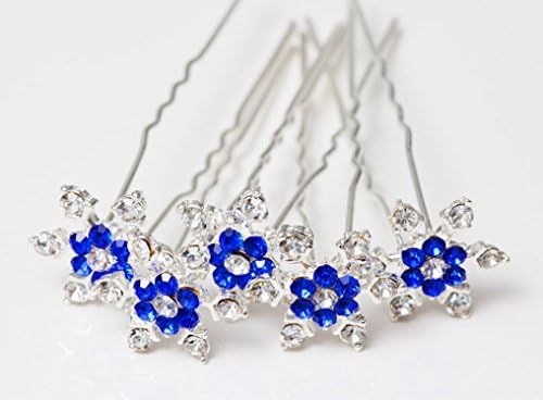Amy NY 5 pcs - Blue Crystal Snowflake Flower Bridal Party Wedding Decorative Hair Pins For Girls Long Hair Buns