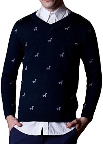 BFHY Men's V Neck Base Sweatshirt Horse Jacquard Knit Pullover Sweater Nave blue 2XL