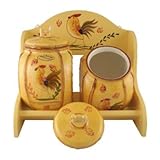 2PC CANISTER SET W/ WOOD RACK BAMBOO ROOSTER SUNFLOWER