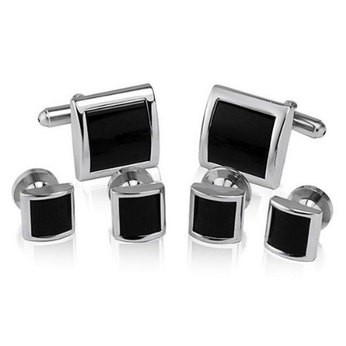 Cufflinks and Studs Set for Tuxedo - Formal Black with Shiny Silver Trimming by Men's Collections (cs1)