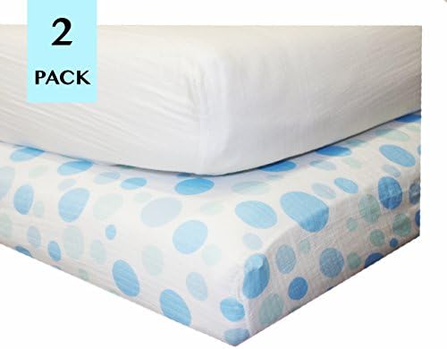 Crib Sheets, 2 Pack, Best Fitted Sheet, 100% Muslin Cotton, Pre-Washed Blue Polka Dot &amp; White