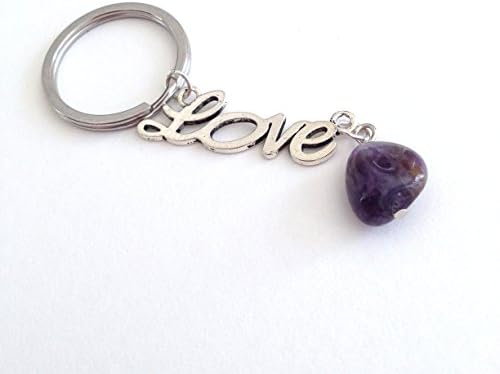 Stainless Steel Silver Keychain Ring with Love Connector &amp; Amethyst Gemstone Charms