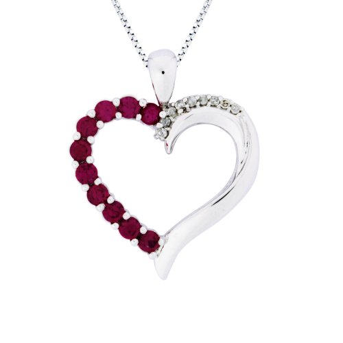 10k White Gold Created Ruby and Diamond Heart Pendant, 18