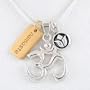 Calligraphy Om (Aum) Pendant, Lotus Flower & Namaste Tag Charm Necklace in Sterling Silver & Gold Vermeil on a 20" Sterling Snake Chain, #8457