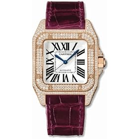 Cartier Santos 100 Diamond 18kt Rose Gold Burgundy Ladies Watch WM502151