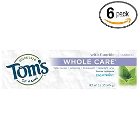 Tom's of Maine Natural Whole Care Anticavity & Tartar Control Plus Whitening Fluoride Toothpaste, Spearmint, 5.2-Ounce Tubes (Pack of 6)