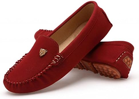803hong41 Women Flats Leather Slip-on Polyurethane Suede Moccasins Fashion Driving Loafer Shoes Red US 9.5