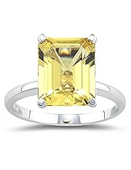 6.09 Cts of 11x9 mm AA Emerald-Cut Yellow Beryl Solitaire Ring in 14K White Gold