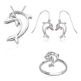 Rhodium Plated Sterling Silver Genuine Blue Topaz Dolphin Pendant, 18, Earring, and Ring Set