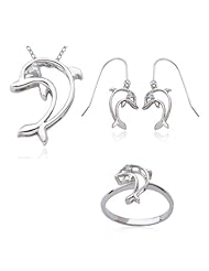 Rhodium Plated Sterling Silver Genuine Blue Topaz Dolphin Pendant, 18", Earring, and Ring Set