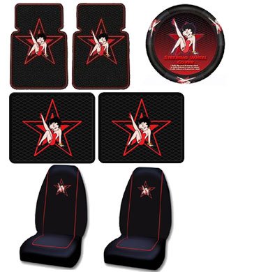 7PC Betty Boop Star Front Rear Floor Mats Seat Covers Steering Wheel Cover