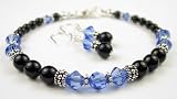 September Sapphire Birthstone Bracelets & Earrings Set: Handmade with Black Pearls