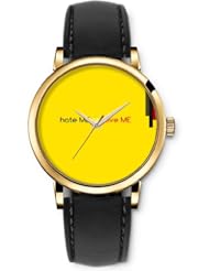 SPRAWL Aanalog Fashion Series Gold Ladies Watches of Genuine Black Leather Strap,Unique Wrist Watch for Women Girls Designed with Hate me or love me