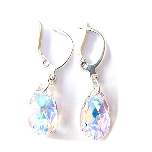 Crystal AB Swarovski Crystal Teardrop Sterling Silver Leverback Earrings