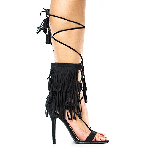 Open Toe Layered Fringe Corset Tassel Lace Up Stiletto Heels
