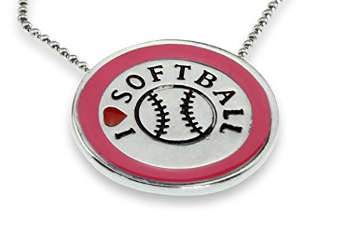 Round I Love Softball Red Heart Pendant Silver Necklace Fashionable Sport Birthday Jewelry Gift for Women
