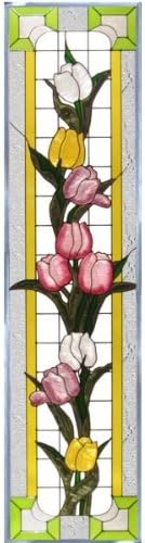 Tulips Pink Yellow Purple Vertical Art Glass Panel Wall Hanging Suncatcher 42 x 10