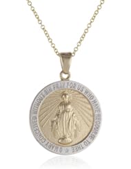 14k Two Tone Gold Virgin Mary Miraculous Round Medal Necklace, 18"