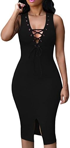 Liberty Queen Women's V Neck Sleeveless Lace-up Bodycon Midi Dress Size L Black