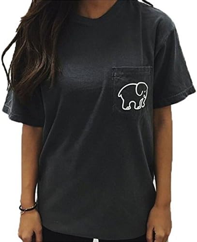YBeauty Women's Short Sleeve Colorful Crew Neck Elephant Print Pocket Top T-shirt US 6-8/Asia XL Black
